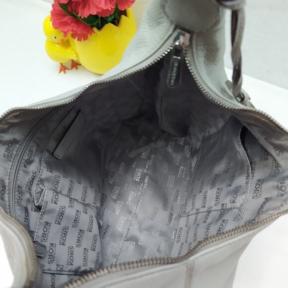 Michael Kors Gray Pebbled Leather Pushlock Zipper Hobo Shoulder Bag - Picture 11 of 16